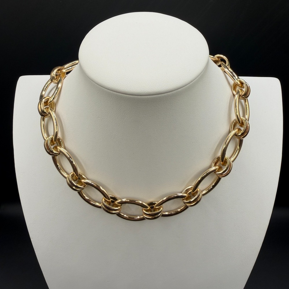 Gold Tone Chunky Oval Link Statement Necklace Bold Glam Vintage Chain Collar